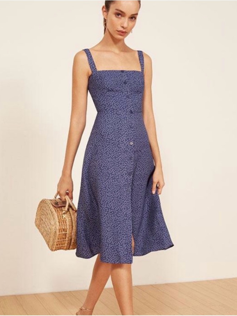 Reformation Persimmon Dress Blue Square-Neck Button-Front Midi Dress - Picture 2 of 16